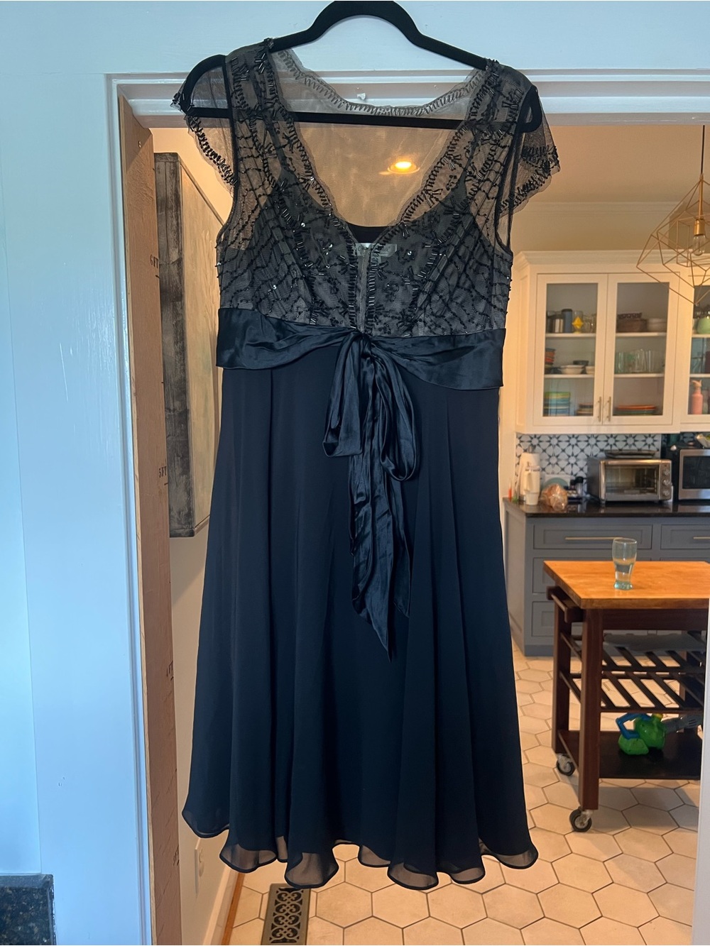 Coldwater Creek Black Beaded Chiffon Dress with Satin Tie